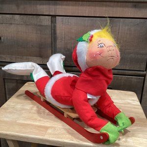 Vintage Annalee Mobilitee Doll Christmas Boy on Sleigh Snow Sled 1980